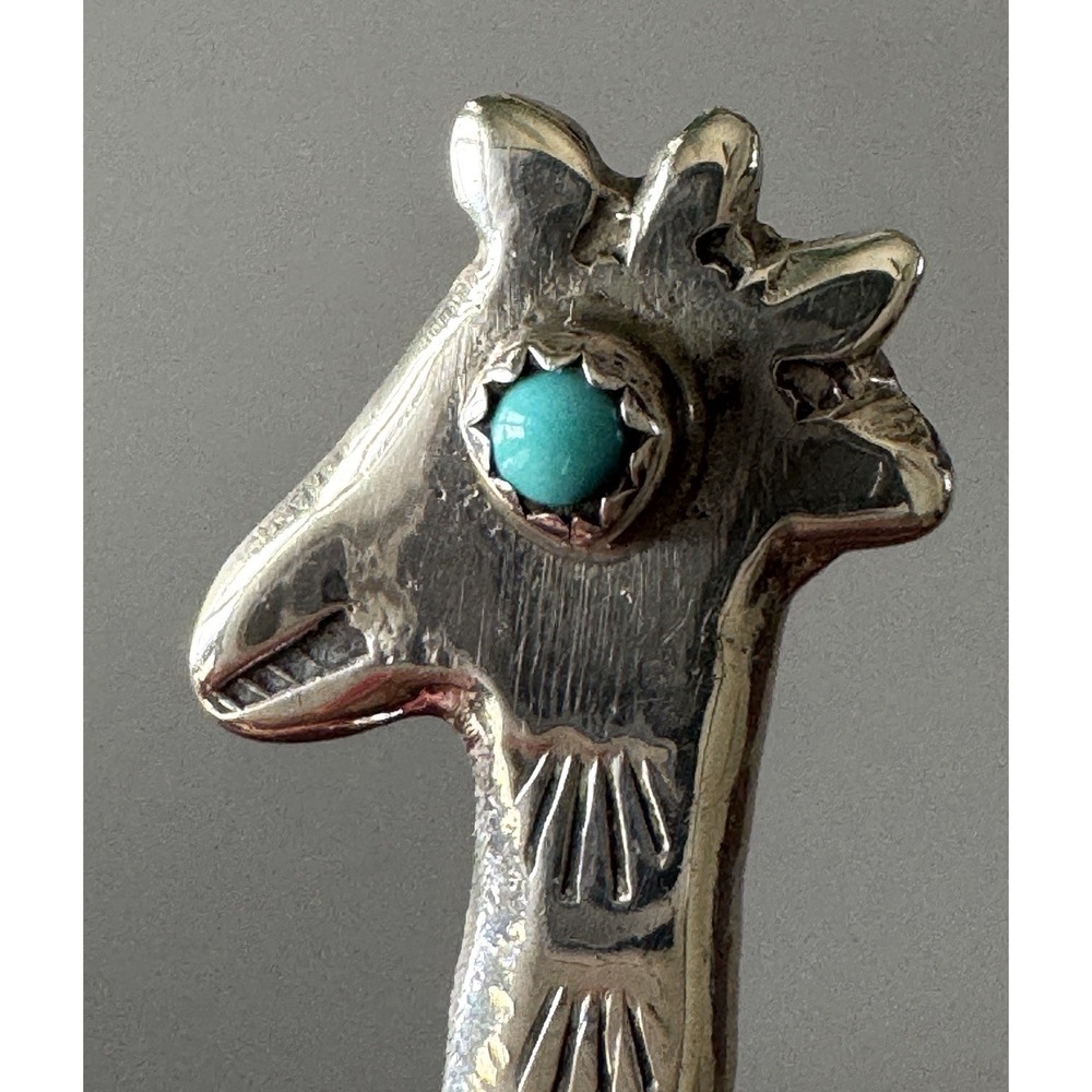 Navajo Huge Sterling Silver Giraffe Brooch Turquoise & Coral 16.4g - Picture 3 of 10